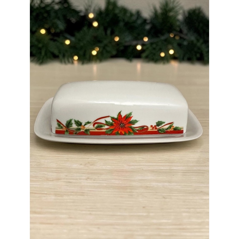 intage Poinsettia & Ribbons fine porcelain covered butter dish